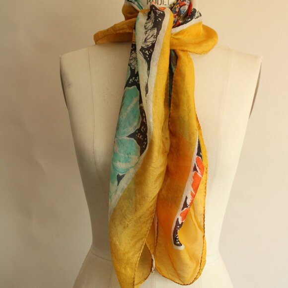 Vintage 1940s 1950s Silk Scarf, Square Floral Print Headscarf, Blue Teal Gold an - Picture 9 of 10